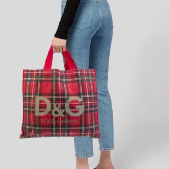 DOLCE & GABBANA D&G Logo Authentic Red Felt Tartan Plaid Tote Hand Bag - Picture 6 of 7